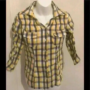 Yellow and blue plaid button‎ up shirt